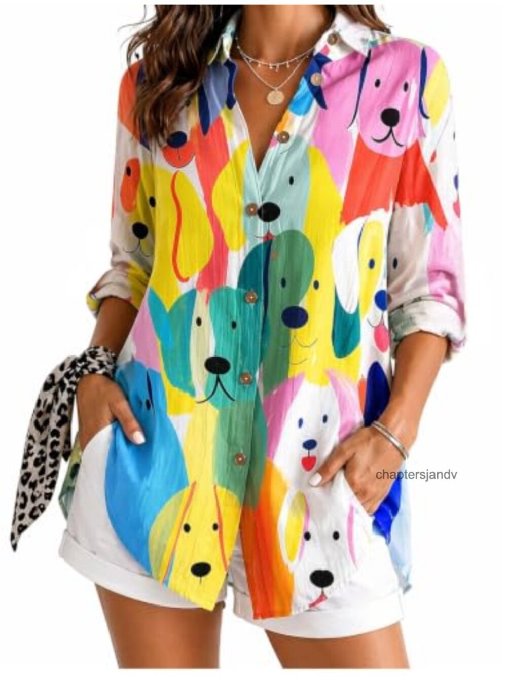 Women's Long Sleeve 3D Printed V Neck Button Down Blouse